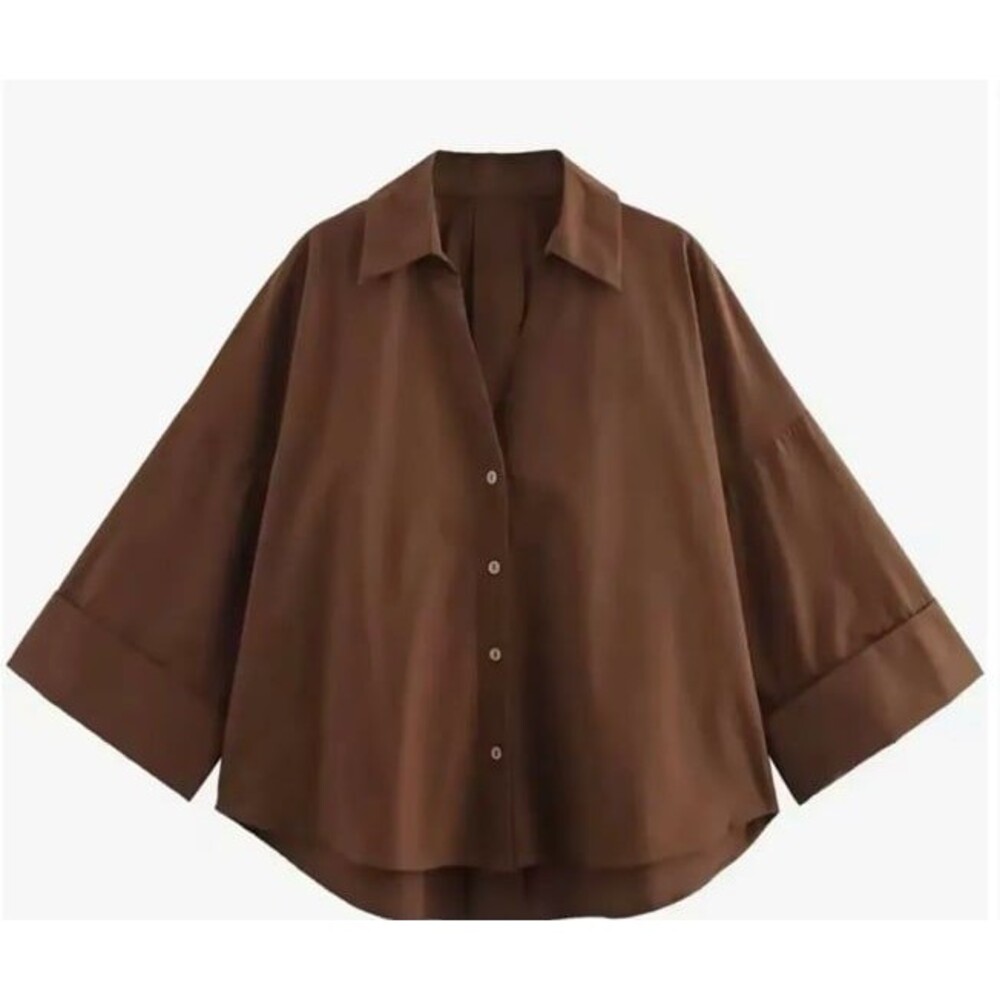 ZARA Brown Cropped Poplin Button Down Shirt - Size Small